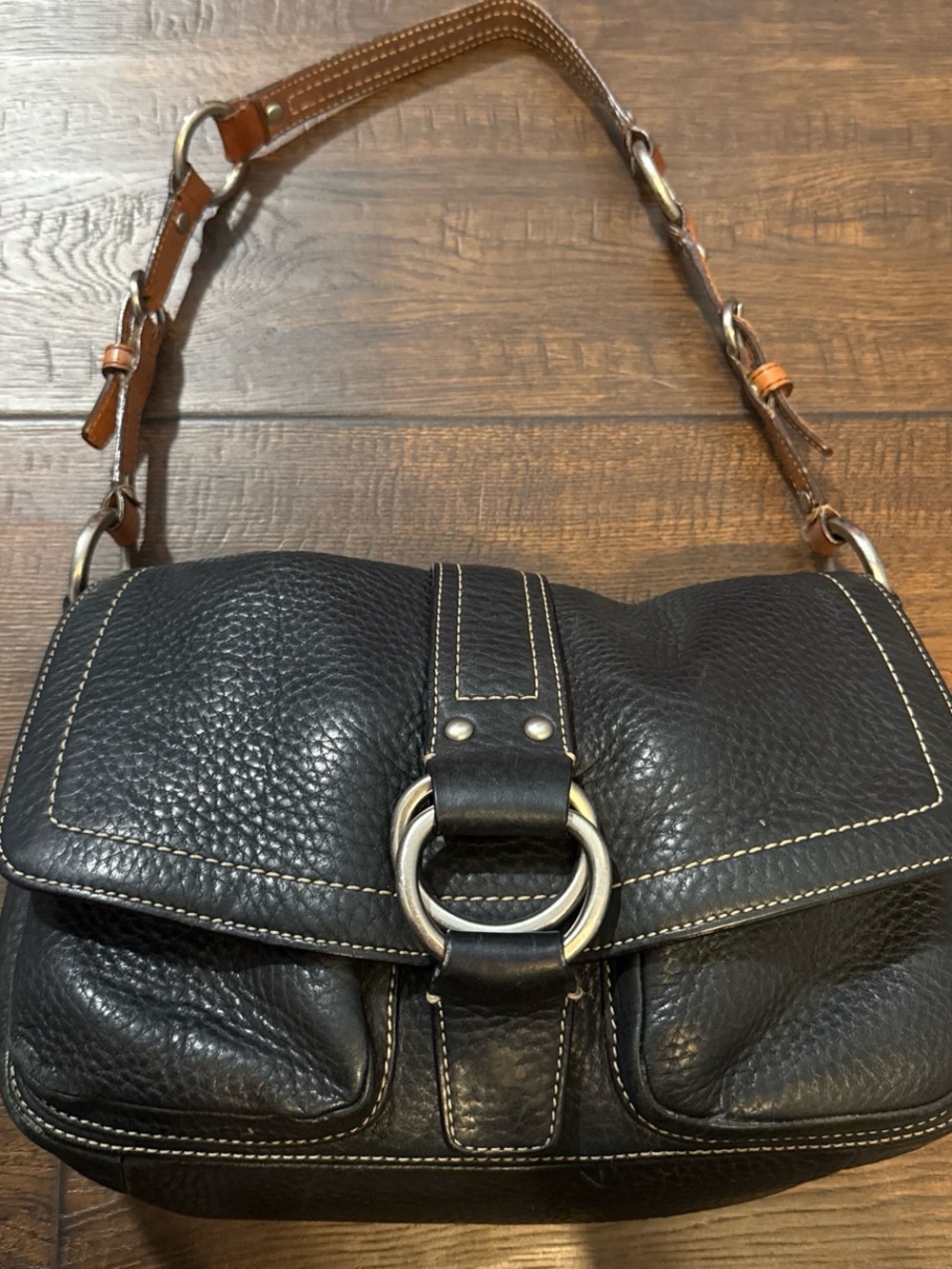 Coach Black Leather Shoulder Bag with Ring Accent